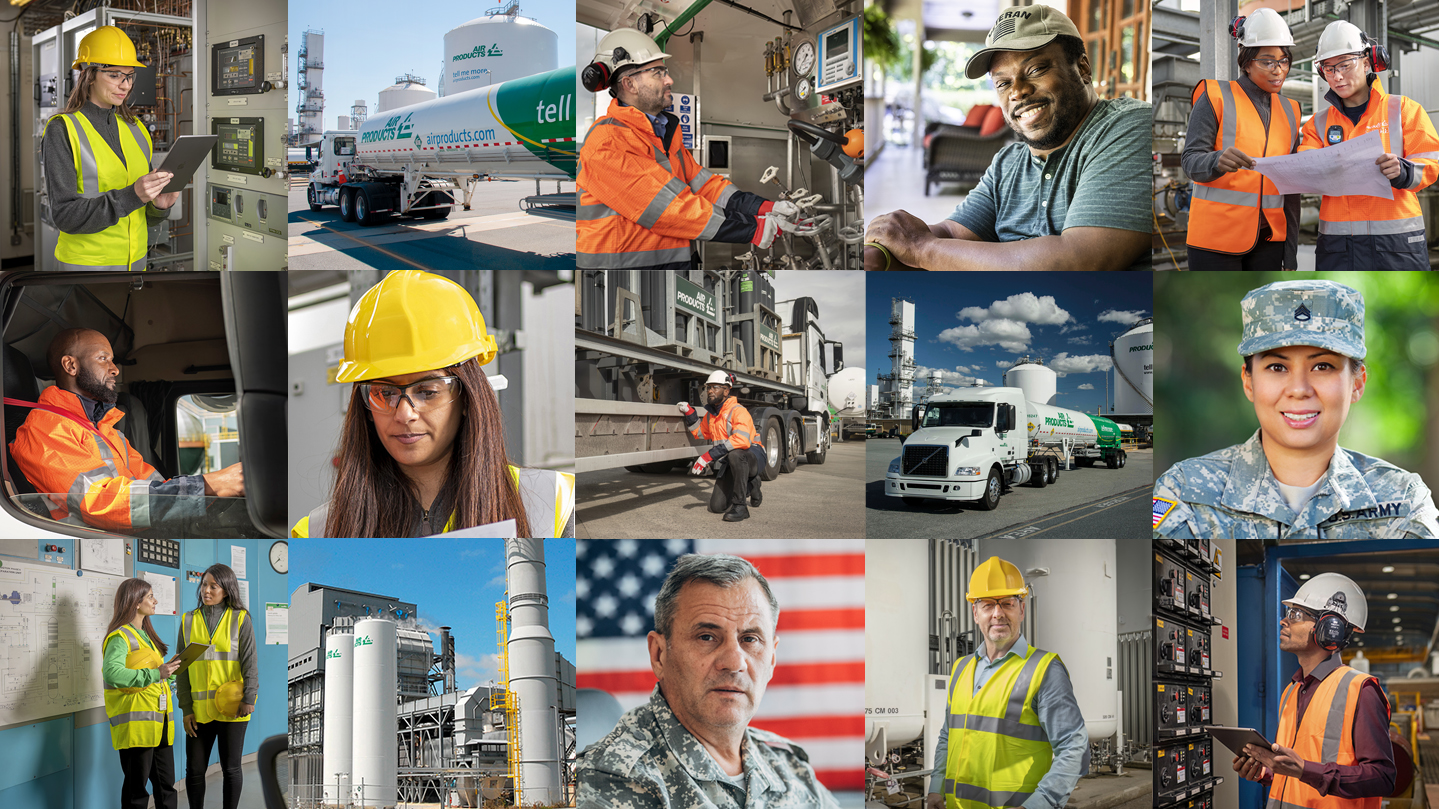 Collage of veterans and other individuals representing diverse jobs at Air Products 