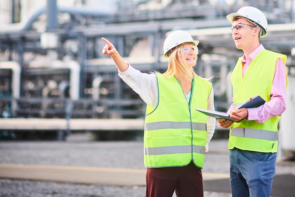 Two workers at plant with wearing safety gear