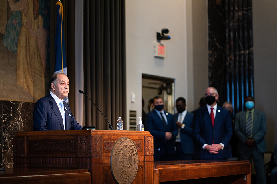 Seifi Ghasemi delivering remarks at live media event at Governor's office in Louisiana